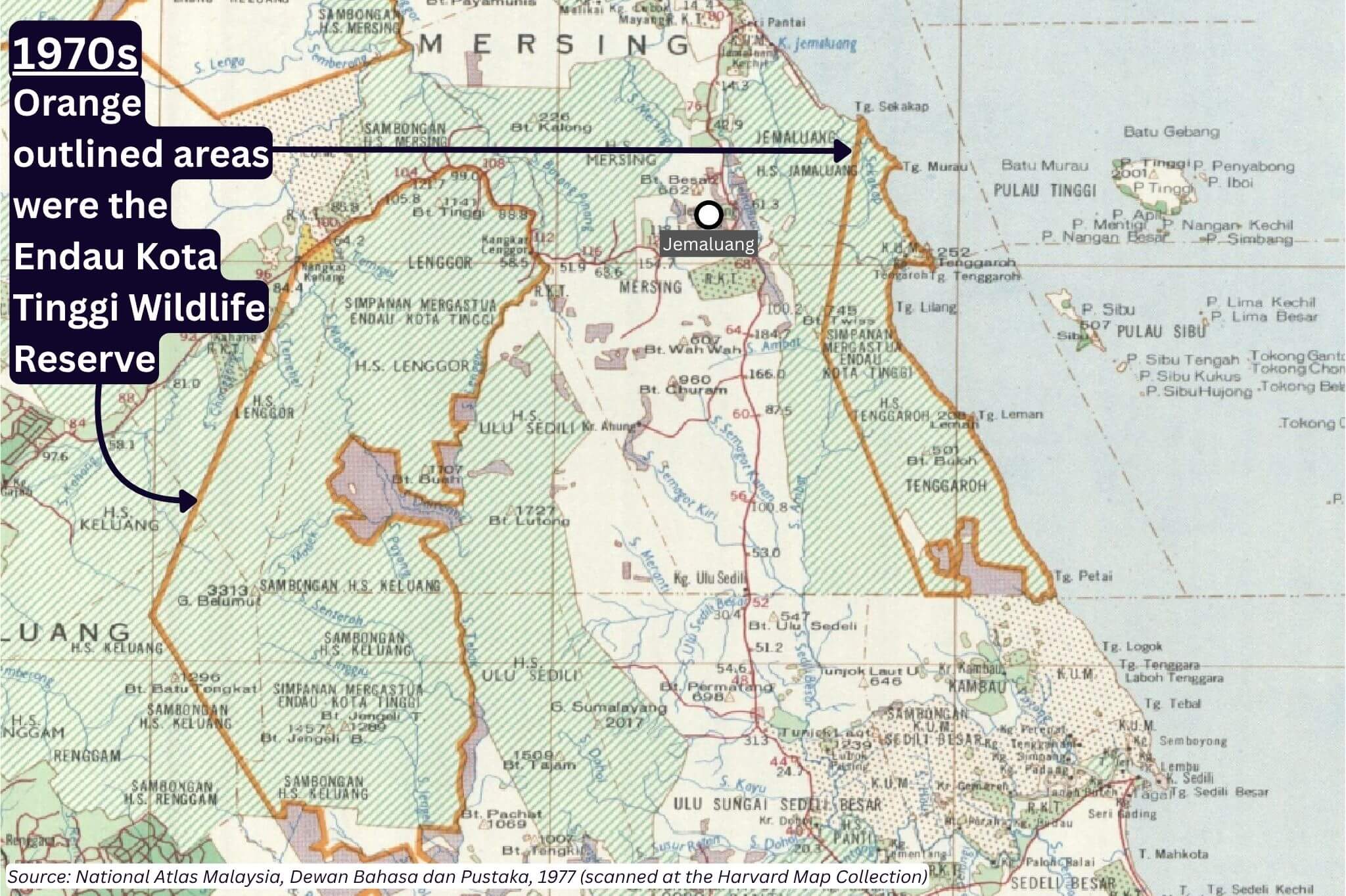 A map of Jemaluang forest reserves and adjacent reserves published in 1977. Two large sections were outlined in orange and labelled "Endau Kota Tinggi Wildlife Reserve"