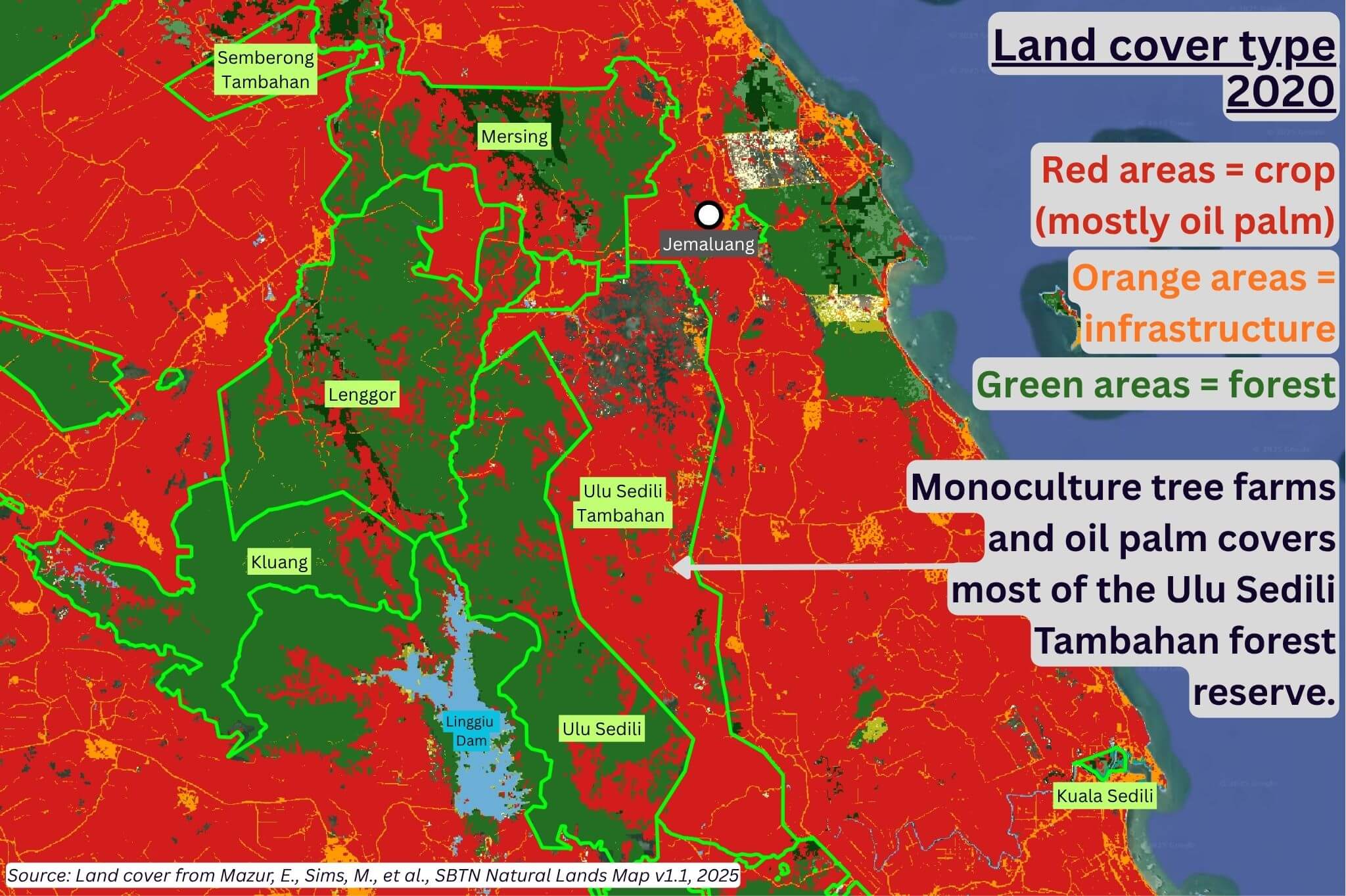 A map overlaid with land cover data in 2020, showing oil palm plantations surrounding the Lenggor, Kluang, Ulu Sedili, and Mersing forest reserves, and even intruding into them.