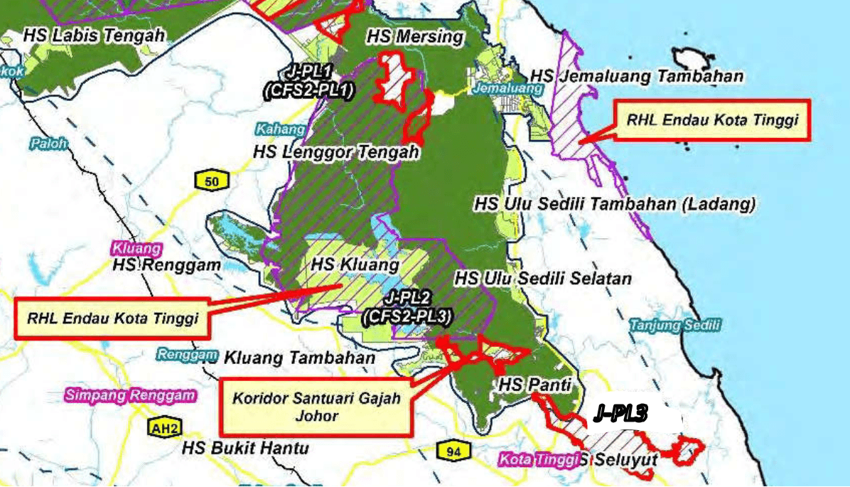 Map in 2022 Central Forest Spine Masterplan (Johor) that shows the entire Endau Kota Tinggi Wildlife Reserve.