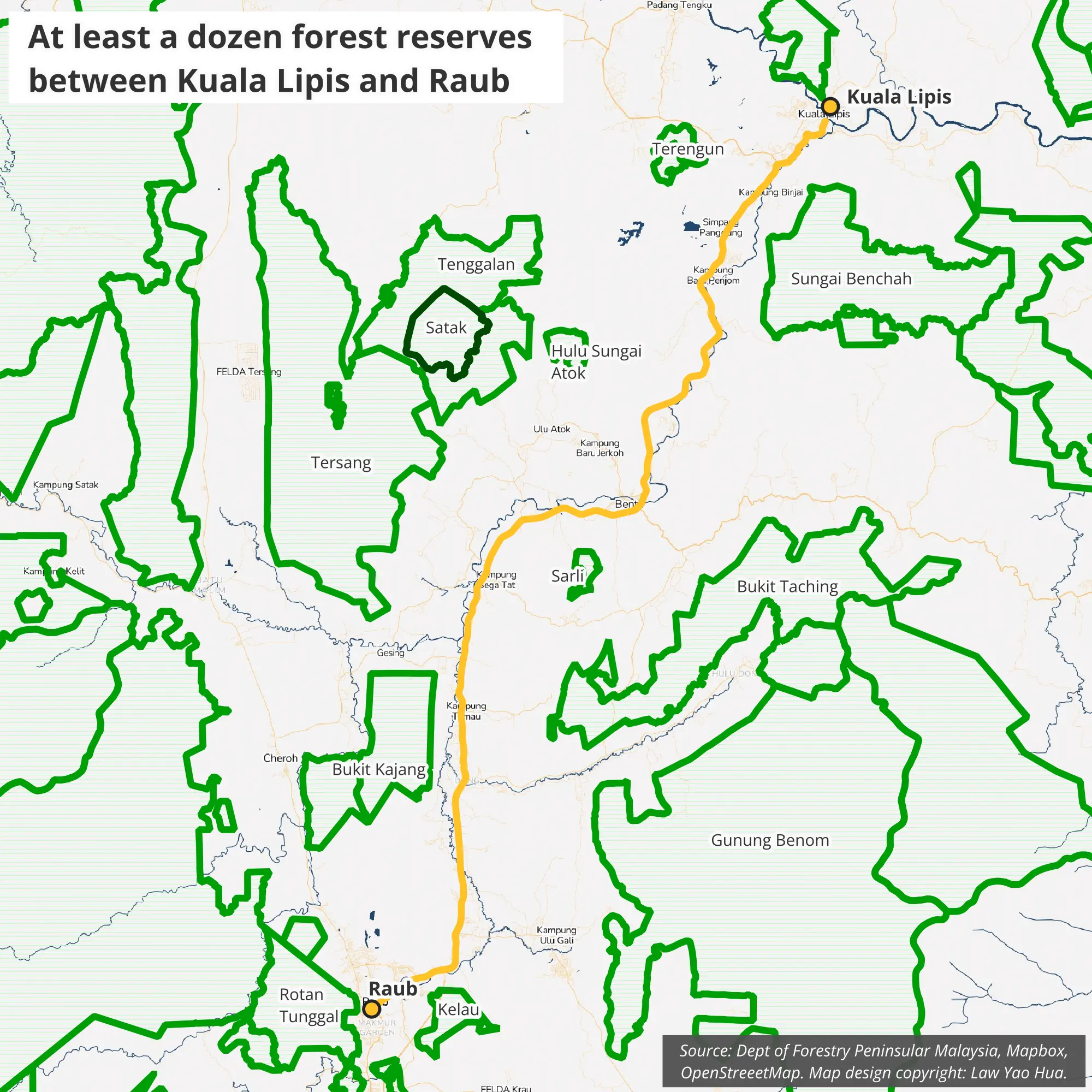 The one-hour drive between Kuala Lipis and Raub takes one pass more than a dozen forest reserves