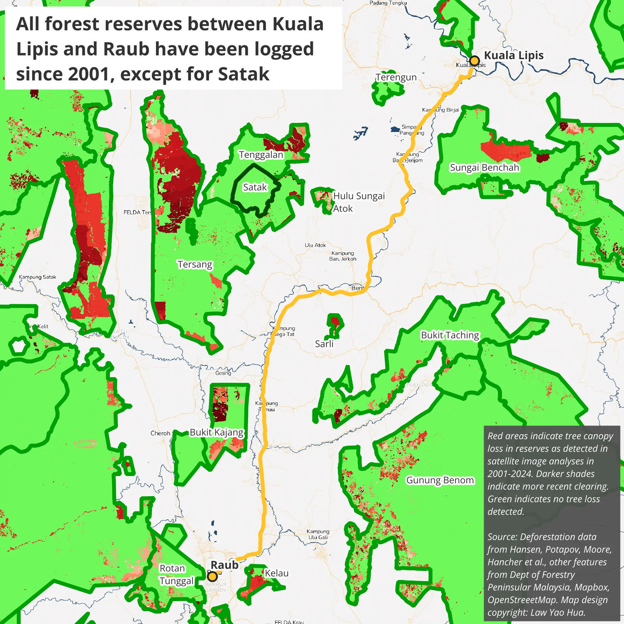 Satellite image analyses show that all forest reserves between Kuala Lipis and Raub have been logged since 2001, except for Satak.